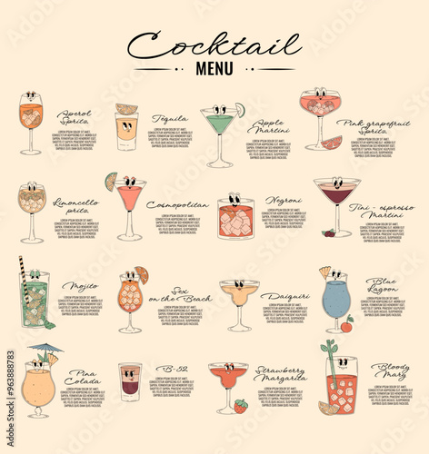 Retro groovy characters summer cocktails. Menu with cute alcohol beverage blue lagoon, aperol spritz, margarita and other. Vector illustration for bar, pub, club
