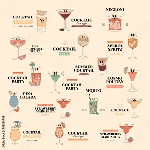 Groovy characters of cocktails, set of retro banners and labels with popular alcoholic beverages. Cafe cocktail lounge logos and signs set. Summer retro vector illustrations