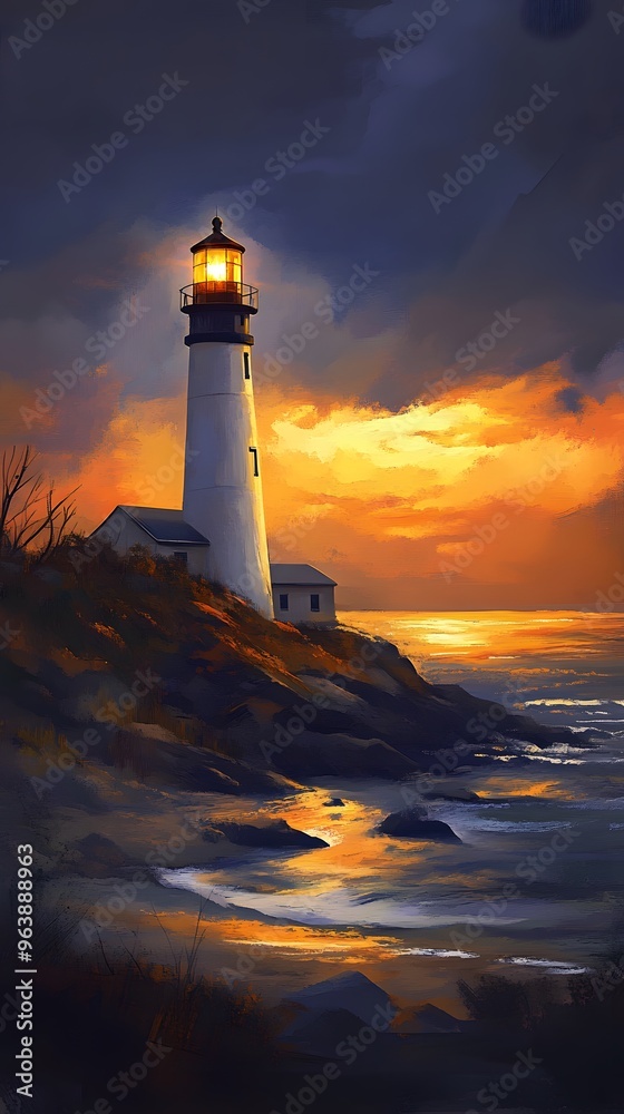 Naklejka premium Illuminated Lighthouse on a Coastal Cliff at Sunset