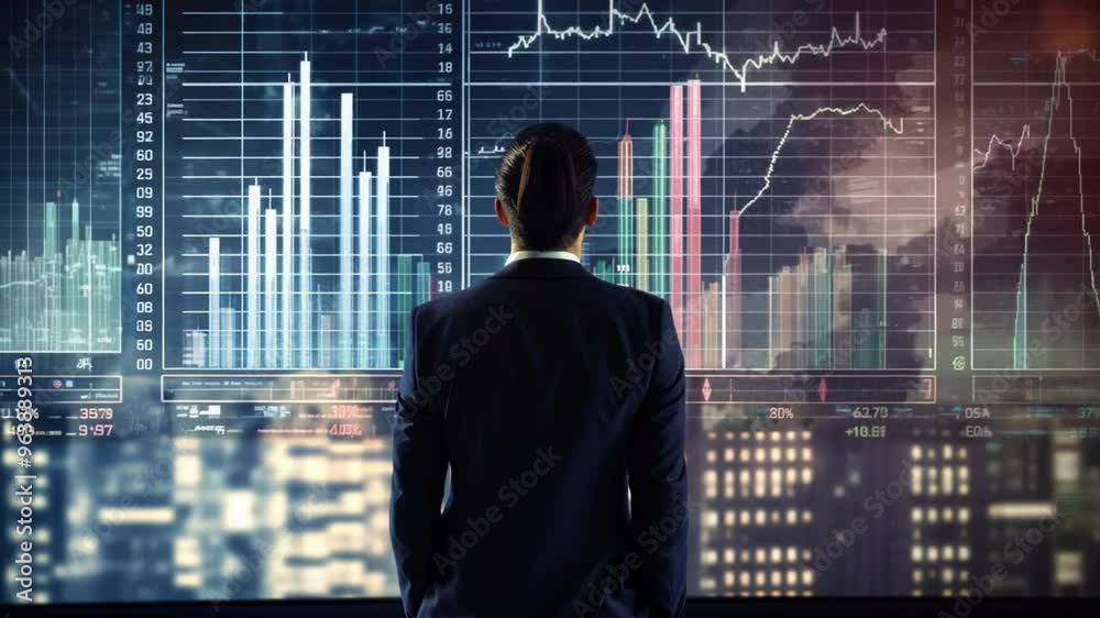 Professional businessman in a suit standing in front of a large projector screen of data chart of stock market ,generative ai Professional businessman in a suit standing in front of a large projector screen of data chart of stock market ,generative ai