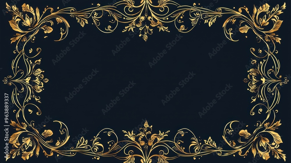 Golden Floral Frame on Dark Blue Background
