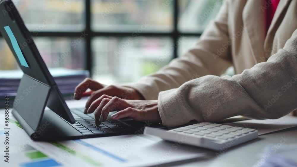 Asian female finance staff is pressing a calculator to calculate company sales and profit to report her boss, profit calculation idea. And the company's performance. Asian female finance staff is pressing a calculator to calculate company sales and profit to report her boss, profit calculation idea. And the company's performance.