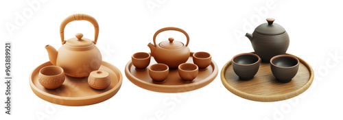 Set of ceramic teapots isolated on transparent background photo