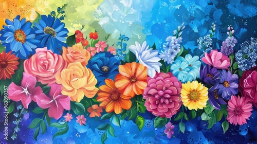 Rainbow floral painting on blue backdrop representing LGBTQ equality.