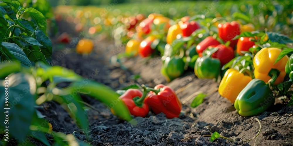 Vibrant Bell Peppers in Red, Green, and Yellow Cultivated in Rows on a Farm Vibrant Bell Peppers in Red, Green, and Yellow Cultivated in Rows on a Farm