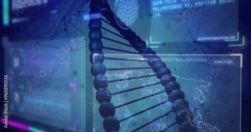 Animation of dna strand and network of connections over data processing on blue background