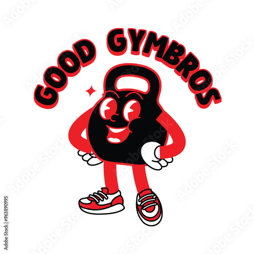 Gym Kettlebell retro mascot with hand and foot doing fitness. Retro cartoon stickers with funny comic characters and gloved hands. Kettlebell, dumbbell, fitness, gym, exercise Retro Mascot.