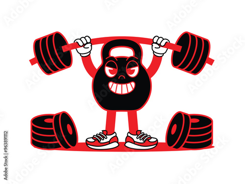 Gym Kettlebell retro mascot with hand and foot doing fitness. Retro cartoon stickers with funny comic characters and gloved hands. Kettlebell, dumbbell, fitness, gym, exercise Retro Mascot.