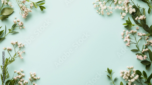 A beautiful arrangement of delicate flowers and greenery surrounds a light blue surface, symbolizing love and appreciation for older individuals on this special day, copy space
