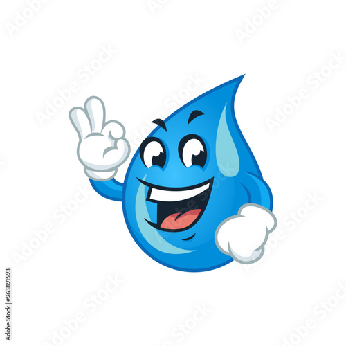 Cute cartoon water drop mascot giving okay hand gesture, ideal for promoting water conservation or water related products.