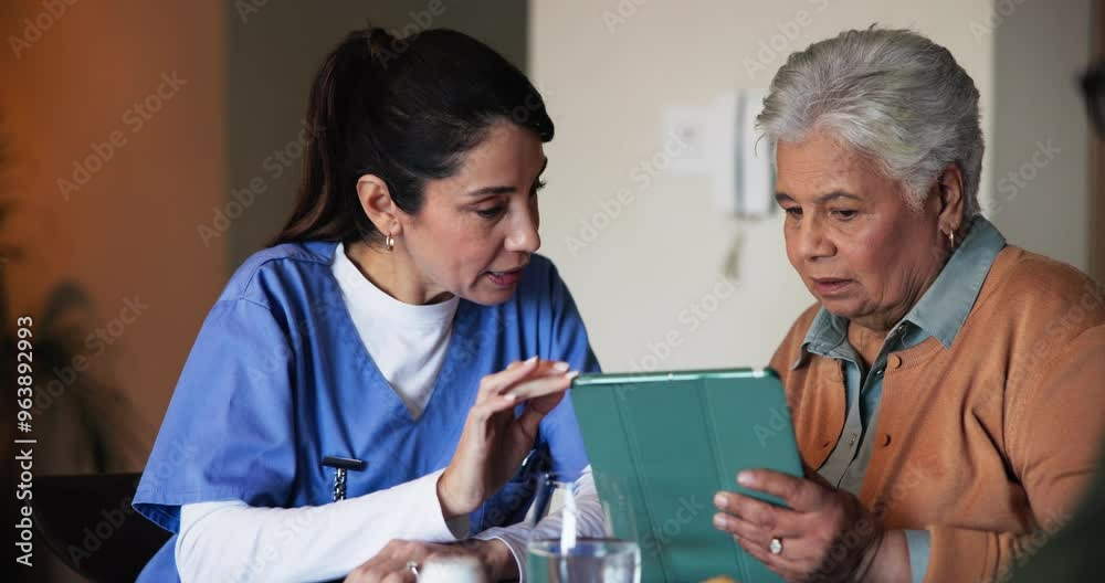 Tablet, discussion and nurse with senior woman in assisted living facility for healthcare checkup. Technology, talking and caregiver with elderly patient for diabetes consultation in nursing home.