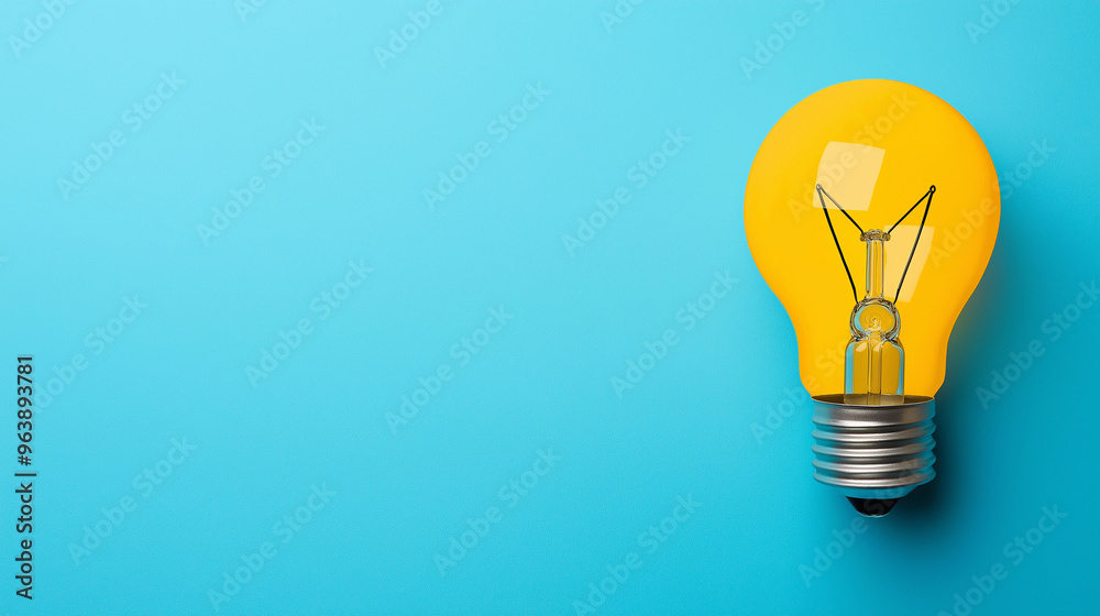 A bright yellow light bulb is positioned against a vibrant blue background, evoking creativity and sparking innovative ideas for various projects, copy space, background A bright yellow light bulb is positioned against a vibrant blue background, evoking creativity and sparking innovative ideas for various projects, copy space, background