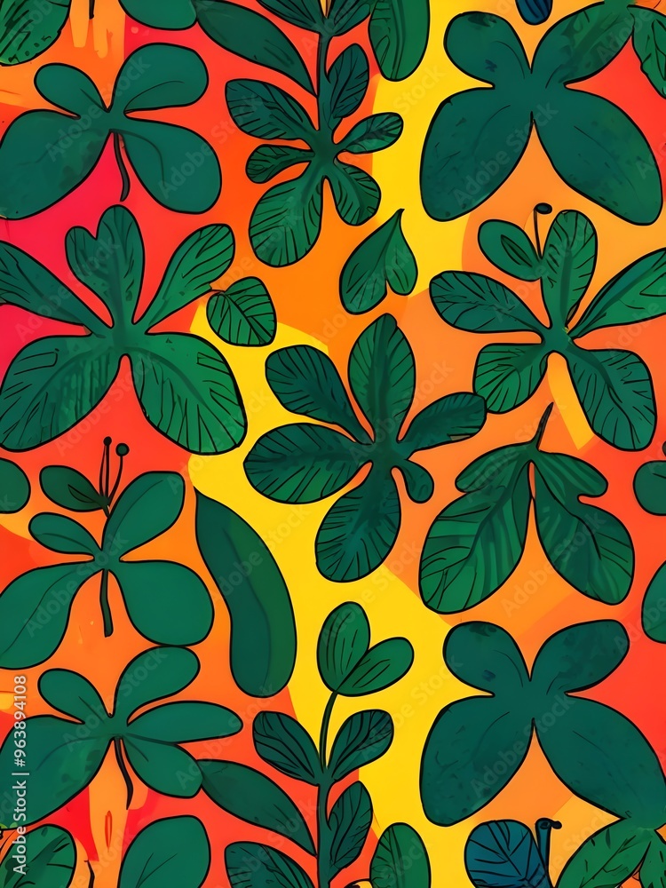 Vibrant Green Leaves on a Yellow and Orange Background Vibrant Green Leaves on a Yellow and Orange Background