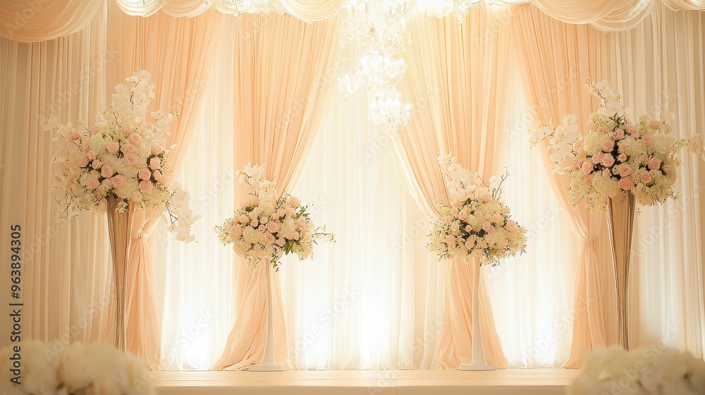 Elegant Wedding Backdrop With Flowers and Sheer Curtains Elegant Wedding Backdrop With Flowers and Sheer Curtains