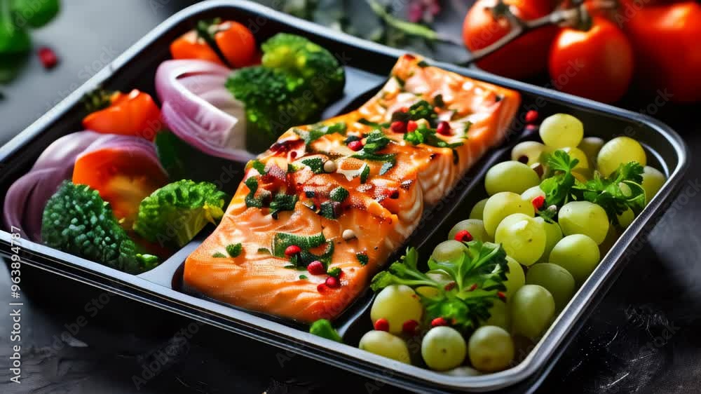 Healthy salmon meal prep with fresh vegetables and fruits on a black background for nutritious eating Healthy salmon meal prep with fresh vegetables and fruits on a black background for nutritious eating
