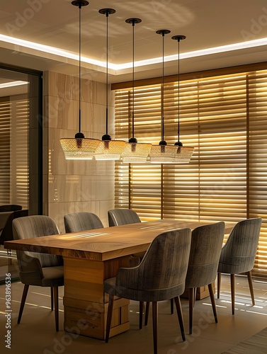 Contemporary dining room with earth-tone furniture, a natural wood dining table, and fabric chairs. The room is illuminated by pendant lights, with window blinds creating a cozy and warm atmosphere. .