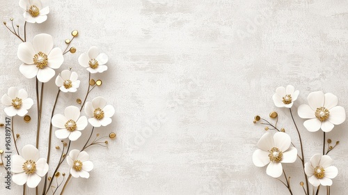 White Flowers with Golden Accents on a White Textured Background