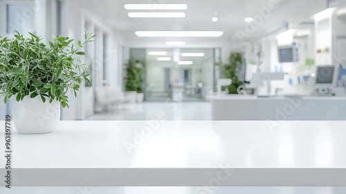 White Tabletop with Plant and Blurred Hospital Interior