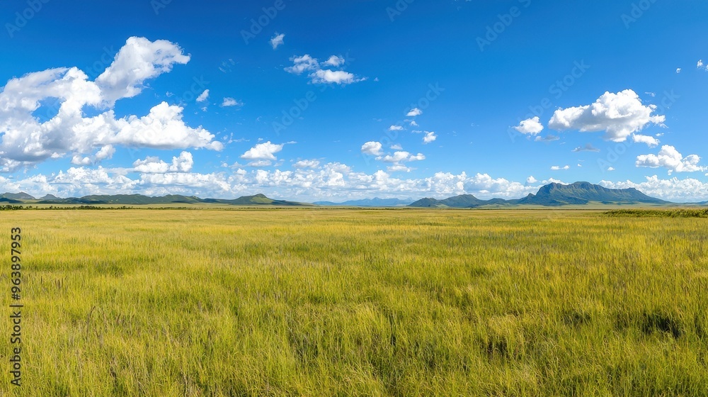 Grassland Landscape with Mountains and Blue Sky
