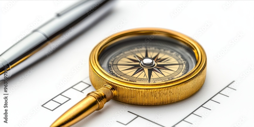 Golden Compass and Pen on Analytical Chart Symbolizing Direction and Strategy Golden Compass and Pen on Analytical Chart Symbolizing Direction and Strategy