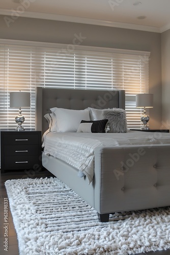 Elegant bedroom with a gray fabric bed, black nightstands with silver lamps, and a plush white rug. The room is softly lit with ambient lighting, with white window blinds enhancing the chic decor. .