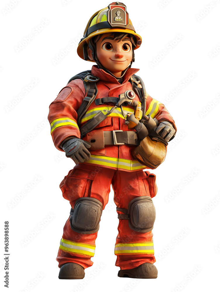 A 3D cartoon firefighter in full protective uniform with a helmet, posing confidently, ready for action or rescue. A 3D cartoon firefighter in full protective uniform with a helmet, posing confidently, ready for action or rescue.
