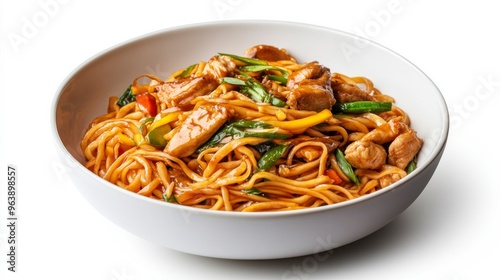 Delicious noodle dish with chicken and vegetables, served in a white bowl. Perfect for food lovers and culinary enthusiasts.