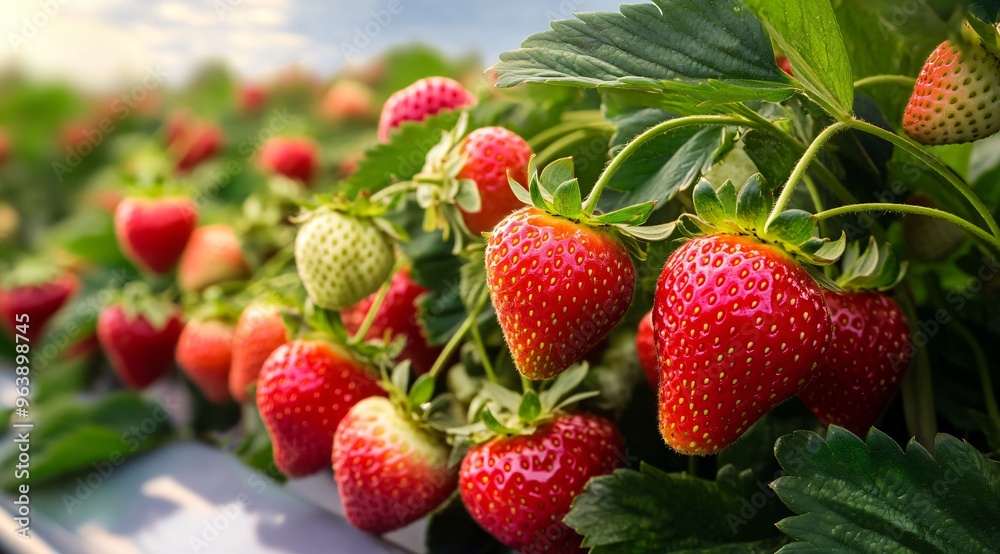 Fresh Ripe Red Strawberries on Vine in Garden Fresh Ripe Red Strawberries on Vine in Garden