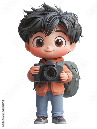 3D cartoon photographer character holding a camera and smiling, wearing a backpack and ready to take pictures on an adventure.