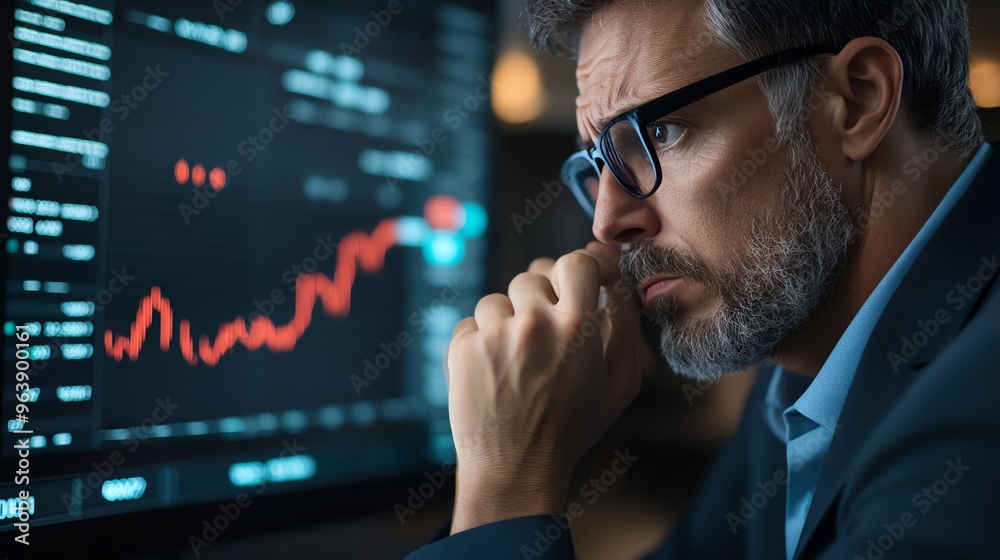 Focused businessman analyzing market trends on a digital screen with financial graphs and data.