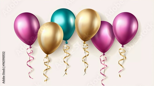 
Happy birthday card with luxury balloons and ribbon. 3d realistic style. vector illustration for good design