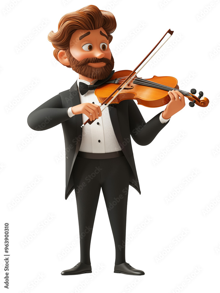 3D cartoon violinist character wearing a tuxedo, playing the violin skillfully, representing classical music and performance. 3D cartoon violinist character wearing a tuxedo, playing the violin skillfully, representing classical music and performance.