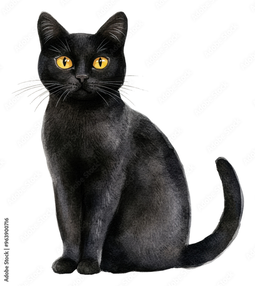 Black cat sitting calmly with bright yellow eyes, cut out - stock png. Black cat sitting calmly with bright yellow eyes, cut out - stock png.