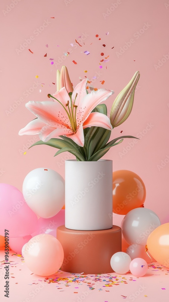 Obraz premium A vibrant lily featured on a leather podium surrounded by confetti and balloons.