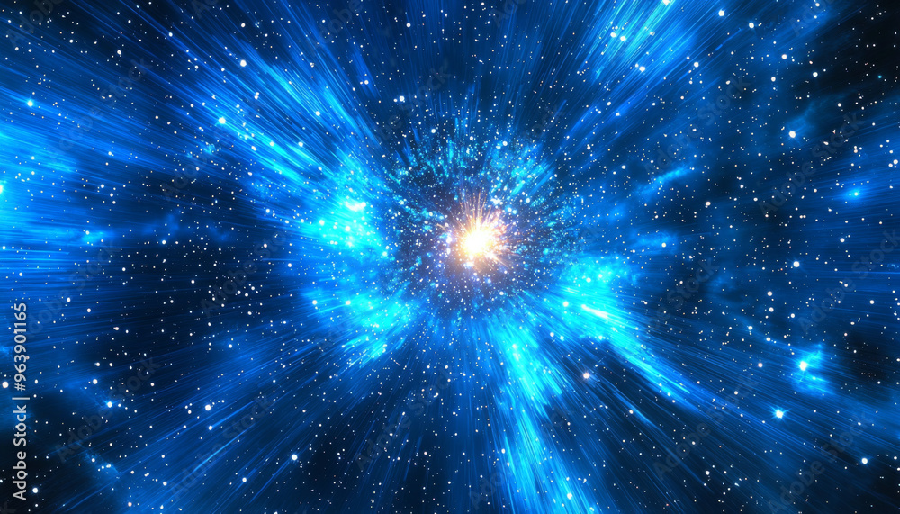 A vibrant depiction of a cosmic explosion, showcasing radiant blue light and stars in a vast universe. A vibrant depiction of a cosmic explosion, showcasing radiant blue light and stars in a vast universe.