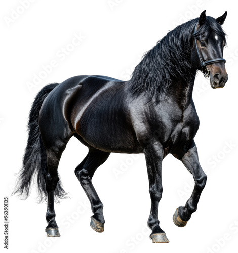 Majestic black horse trotting gracefully outdoors, cut out - stock png.