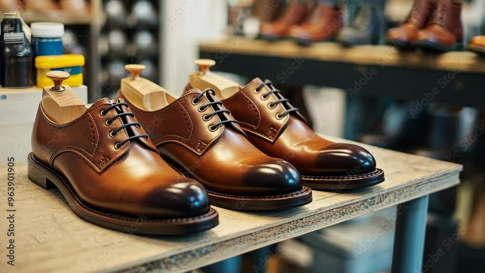 Handcrafted leather shoes displayed in a workshop with various designs and colors available for customization in an artisan setting Handcrafted leather shoes displayed in a workshop with various designs and colors available for customization in an artisan setting
