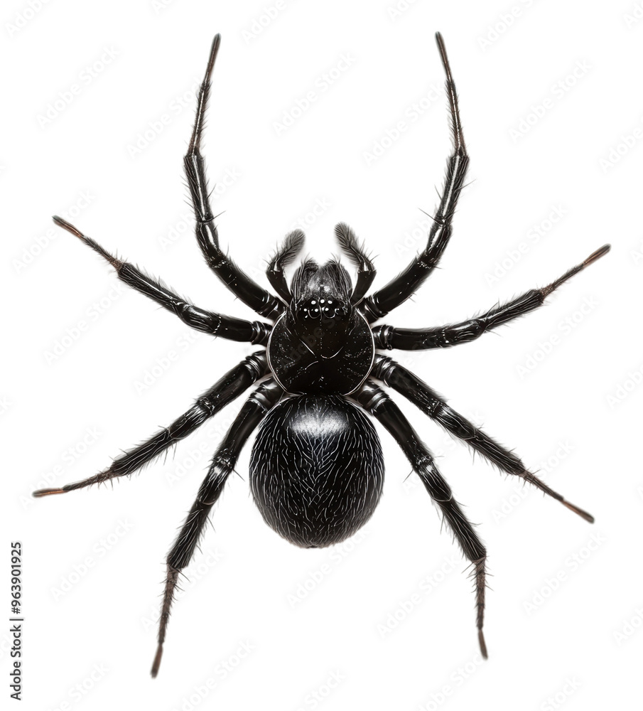 Fototapeta premium Black spider resting on a white surface in detail, cut out - stock png.