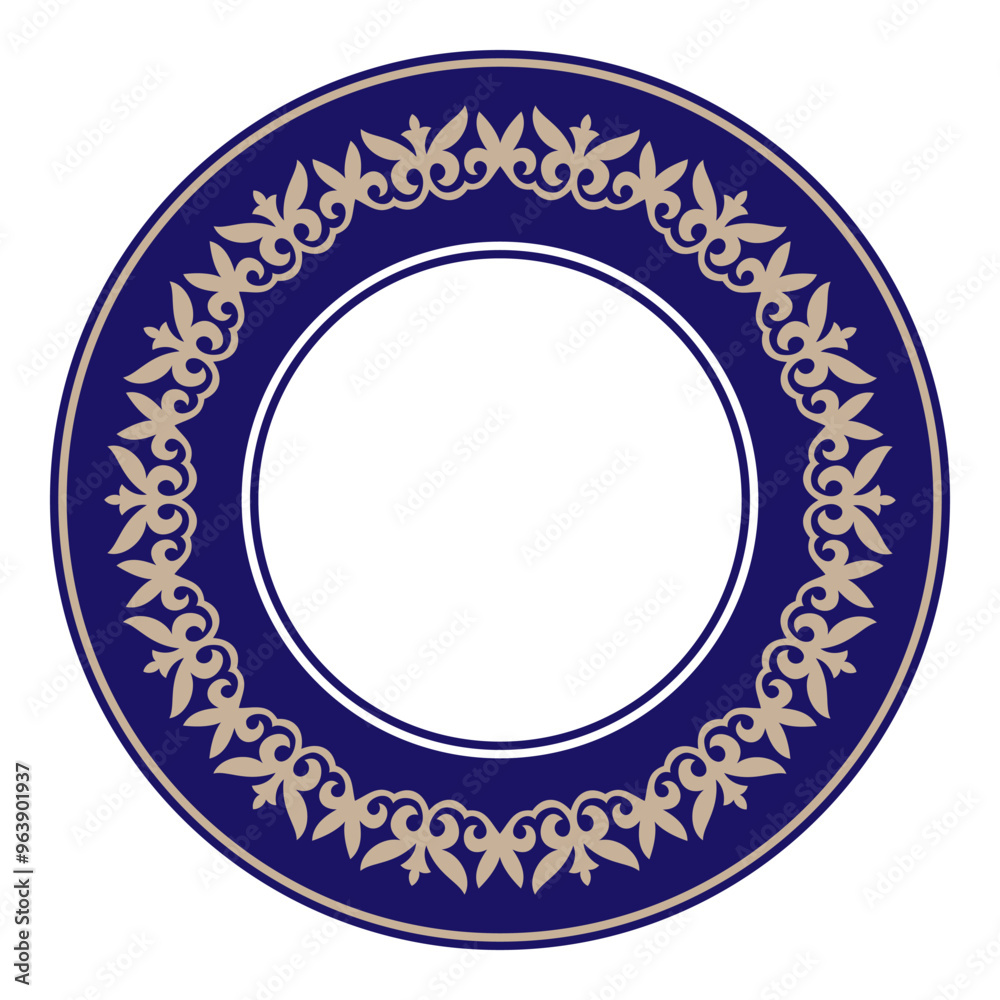 Traditional round Kazakh national ornamental, blue and gold frame. Endless circle, border, frame of Nomadic ornament. Ethnic Kazakh national ornament. For plates, textile, print design
Traditional round Kazakh national ornamental, blue and gold frame. Endless circle, border, frame of Nomadic ornament. Ethnic Kazakh national ornament. For plates, textile, print design