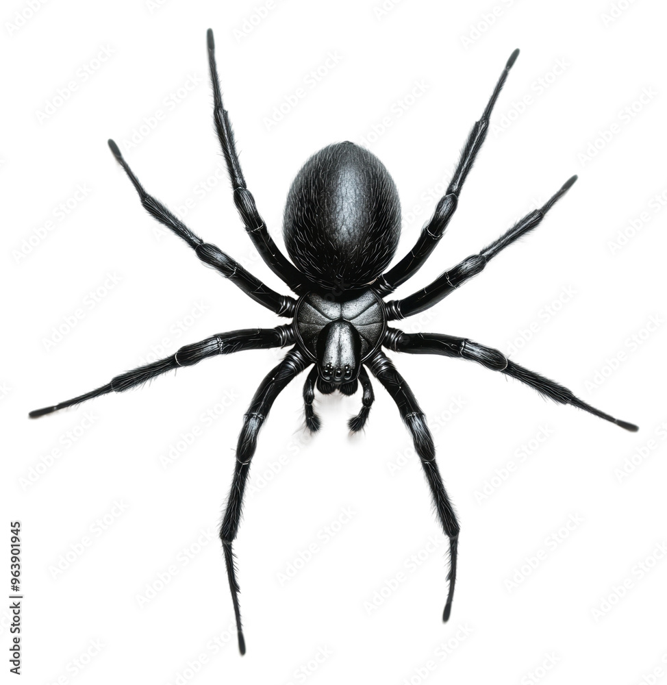Black spider crawling across a white surface, cut out - stock png. Black spider crawling across a white surface, cut out - stock png.