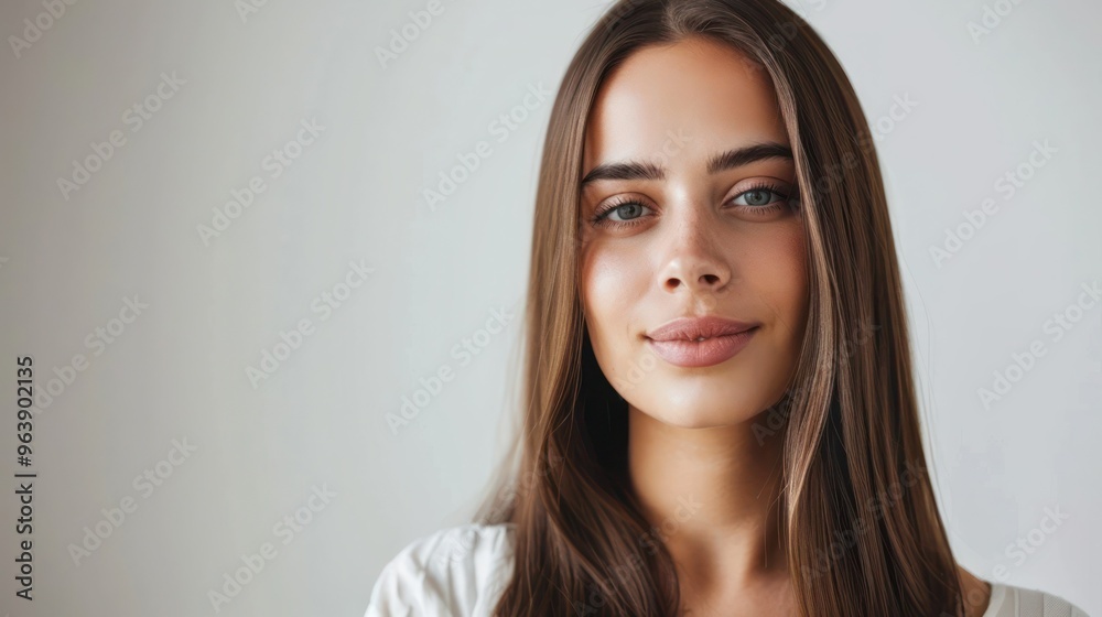 Portrait of woman with shiny straight brown hair on white background. Concept Beauty, Haircare, Fashion, Studio Photoshoot, Women's Style Stock photo b60a95396 Portrait of woman with shiny straight brown hair on white background. Concept Beauty, Haircare, Fashion, Studio Photoshoot, Women's Style Stock photo b60a95396