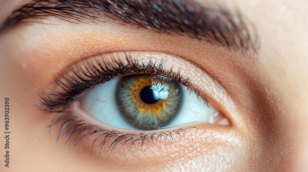 Obraz premium Close Up of Human Eye with Green Iris and Long Eyelashes
