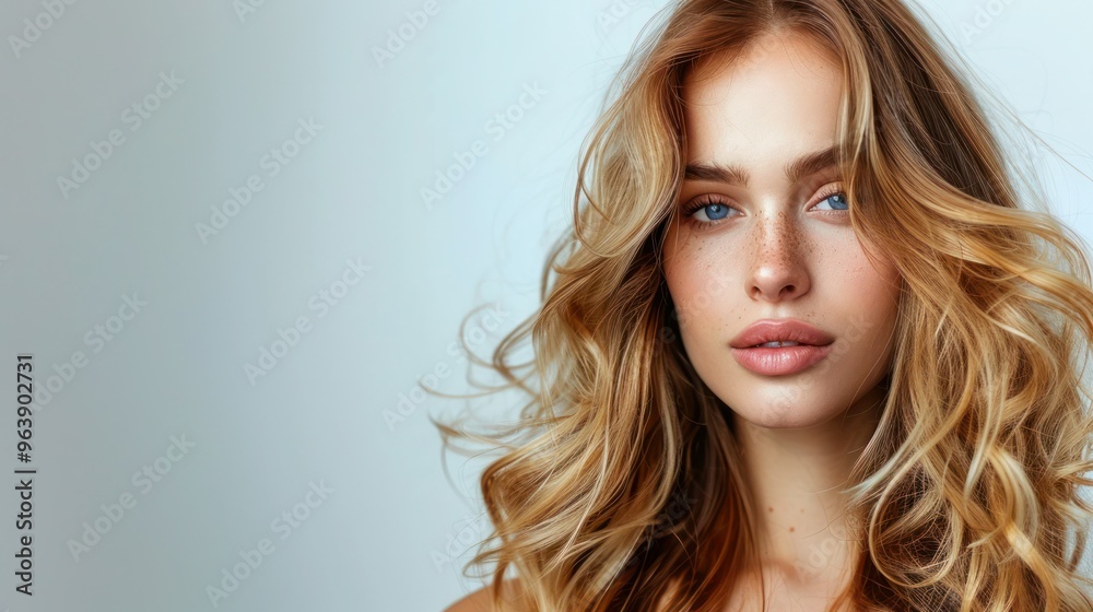Naklejka premium Woman with balayage highlights against a white background . Concept Fashion, Hairstyle, Beauty, Portrait, Photograph 