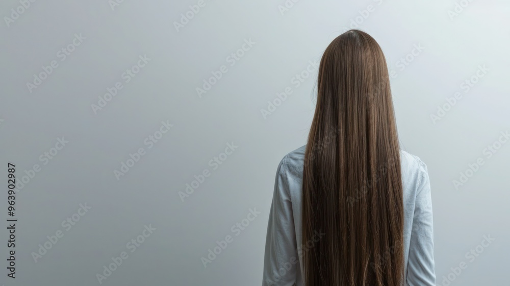 Fototapeta premium Woman with long straight brown hair standing facing white wall. Concept Fashion, Hairstyle, Woman, Portrait, Brown Hair