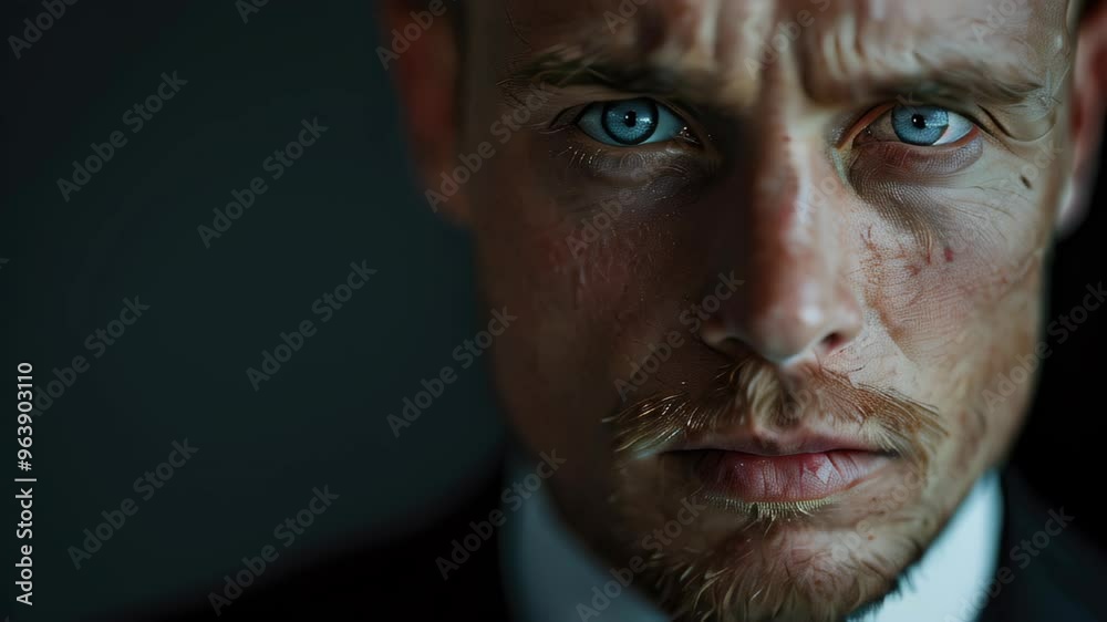 Intense close-up portrait of a man with striking blue eyes in a dark setting, conveying deep emotion and intrigue Intense close-up portrait of a man with striking blue eyes in a dark setting, conveying deep emotion and intrigue