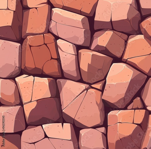 Discover a seamless stone wall with a rich brown hue, designed in whimsical game art style. Perfect for stonepunk themes photo