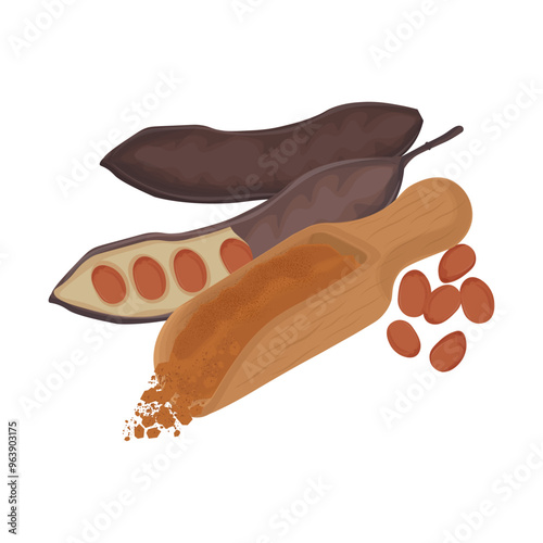 Vector Illustration Logo Clip art Carob Pods and Carob powder on a Wooden Scoop