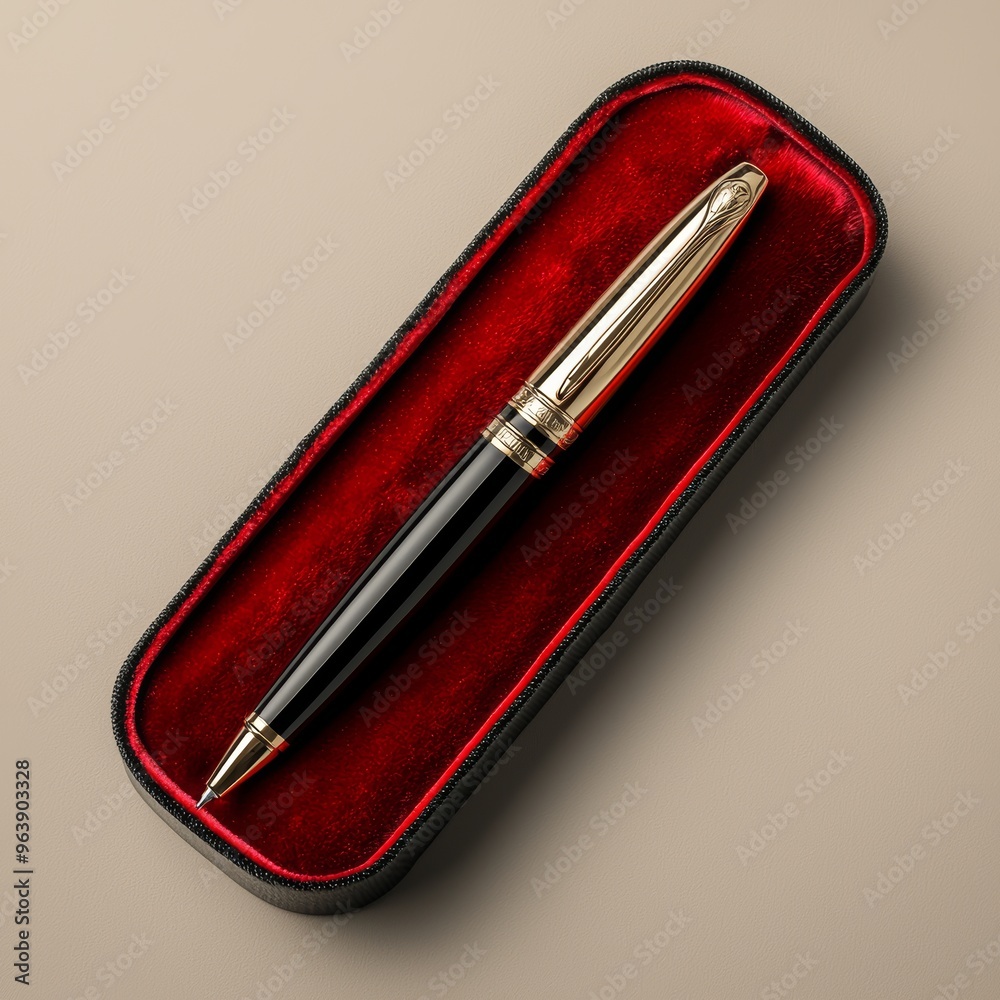 Custom engraved pen in velvet case, professional gift, 3D illustration Custom engraved pen in velvet case, professional gift, 3D illustration