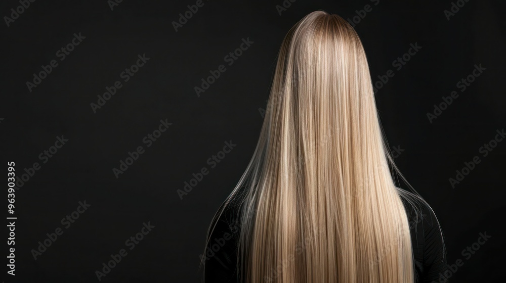 Naklejka premium Woman with shiny straight blonde hair back view isolated on black. Concept Hair Styling, Women's Fashion, Beauty Photography, Hairstyle Trends, Black Background 