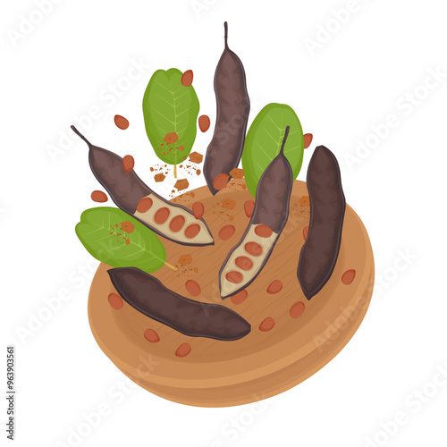 Vector Illustration Logo Clip art Levitation Carob pods or Ceratonia Siliqua on a Wooden Bowl